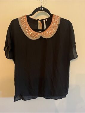 Bellatrix Black Blouse with soft Peach Pearl-Embellished Peter Pan Collar